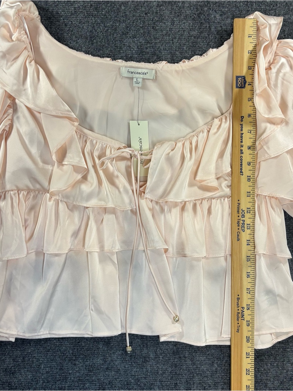 Francesca's Blush Pink Ella Ruffle Tiered Satin Tie-String Babydoll L Blouse NWT - Picture 6 of 8